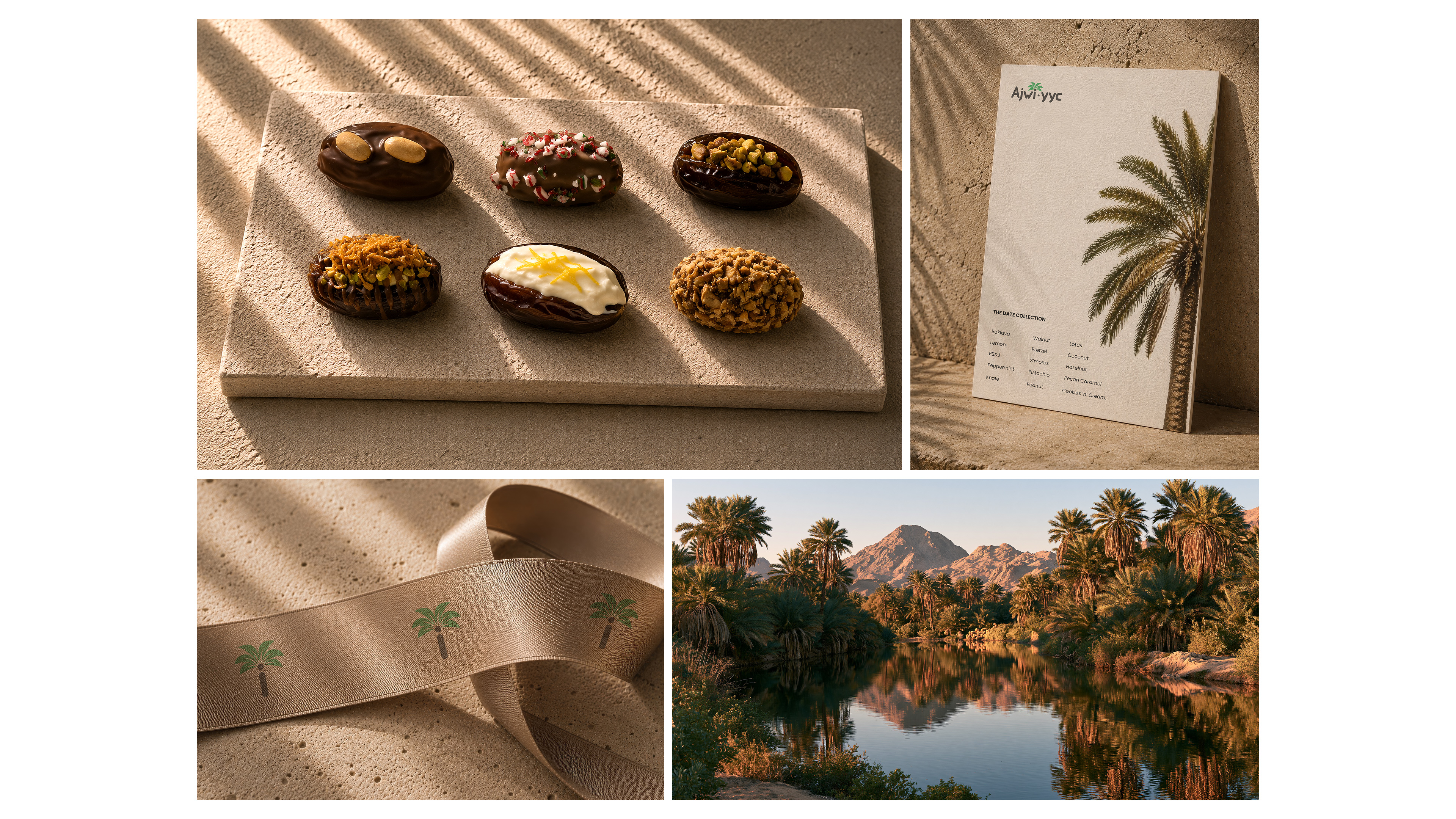 Editorial images with decorated dates on stone, palm-themed ribbon, date palm poster, and palm trees by water.