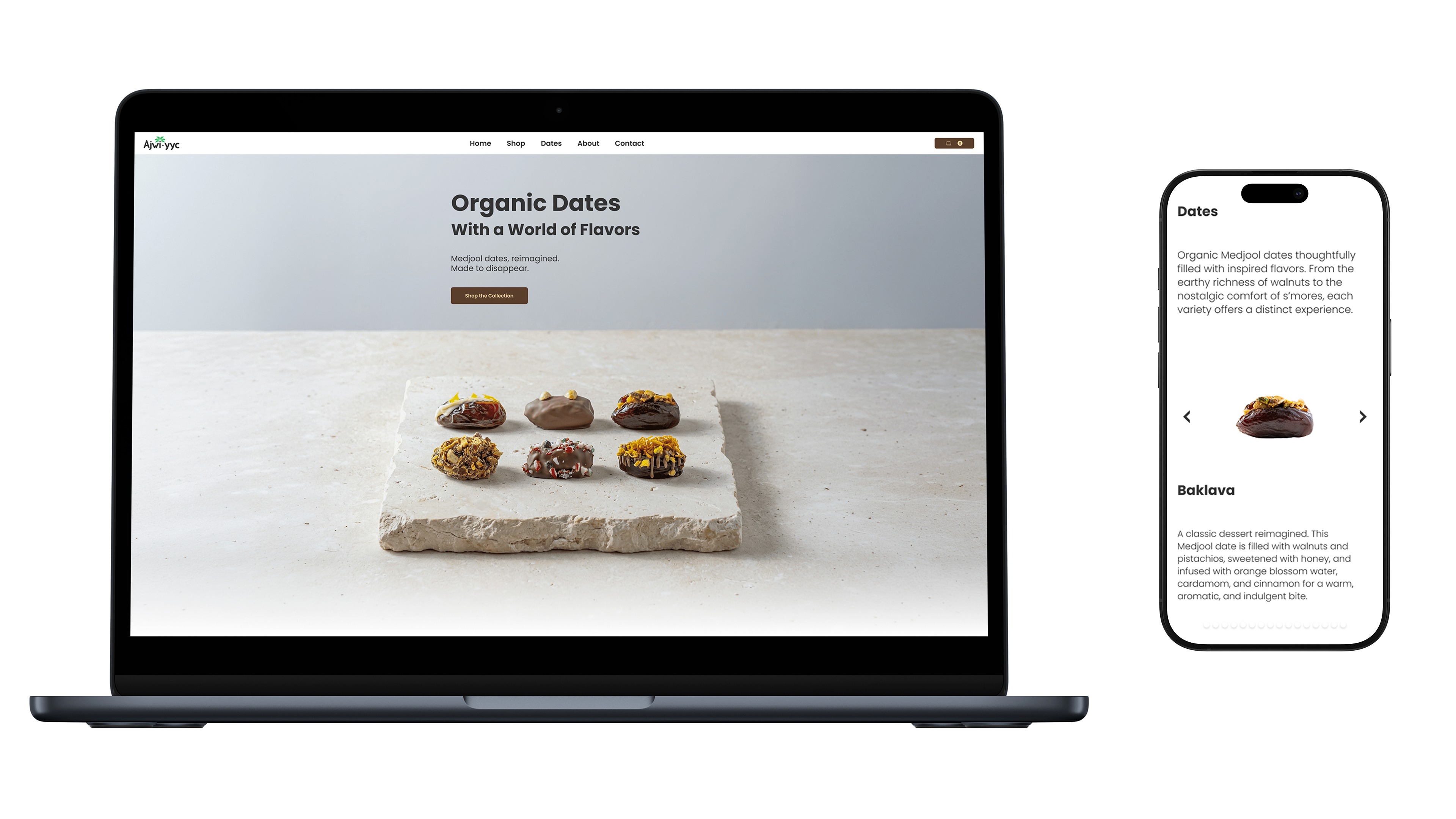 Website view of organic dates with flavors, product options, and add to cart button in three screen sizes.