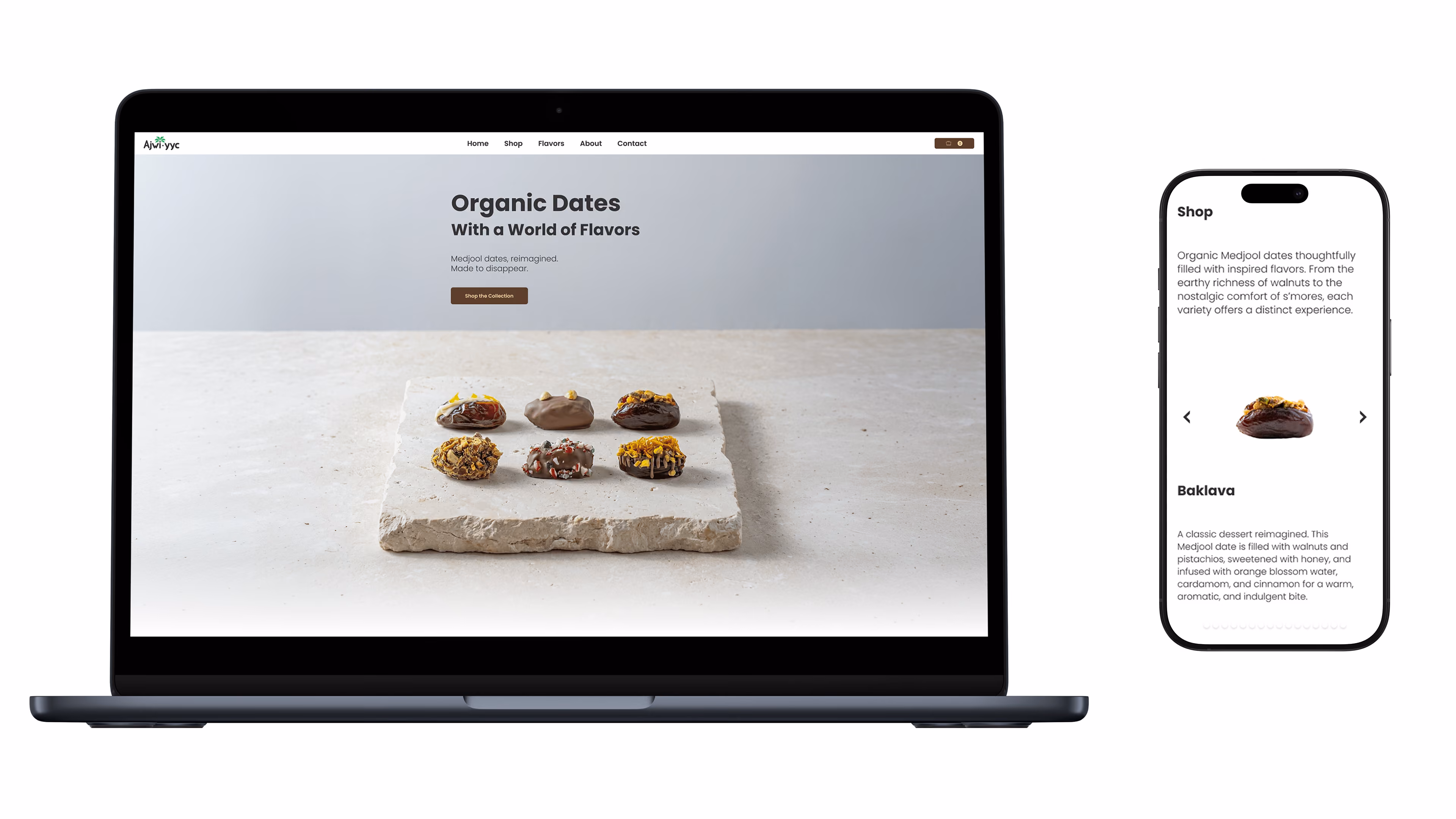 Website view of organic dates with flavors, product options, and add to cart button in three screen sizes.