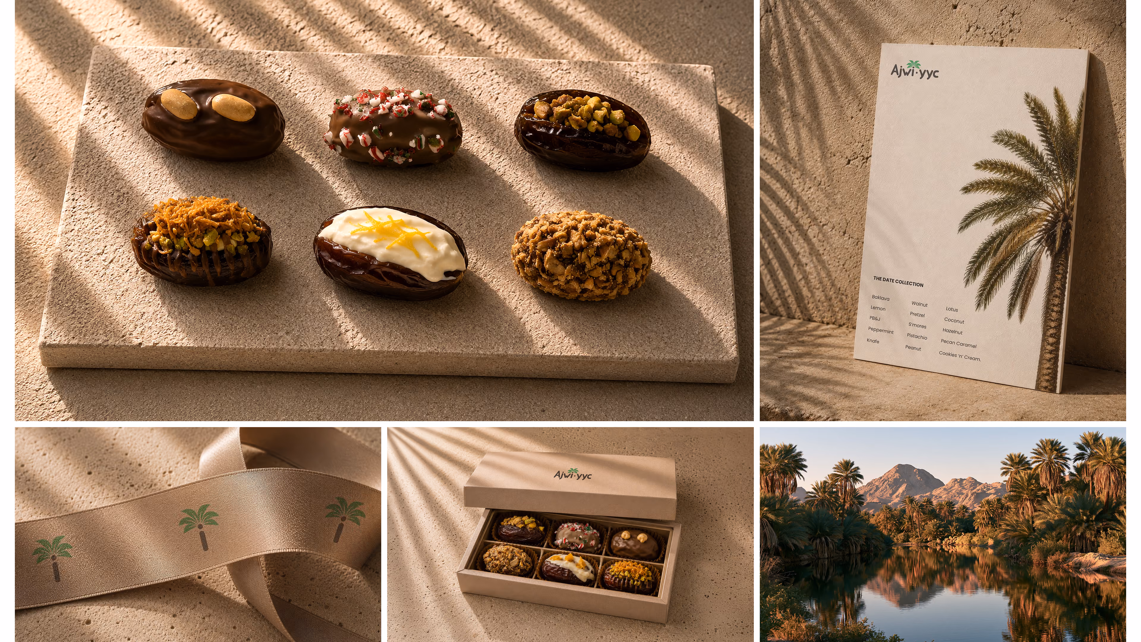 Editorial images with decorated dates on stone, palm-themed ribbon, date palm poster, and palm trees by water.
