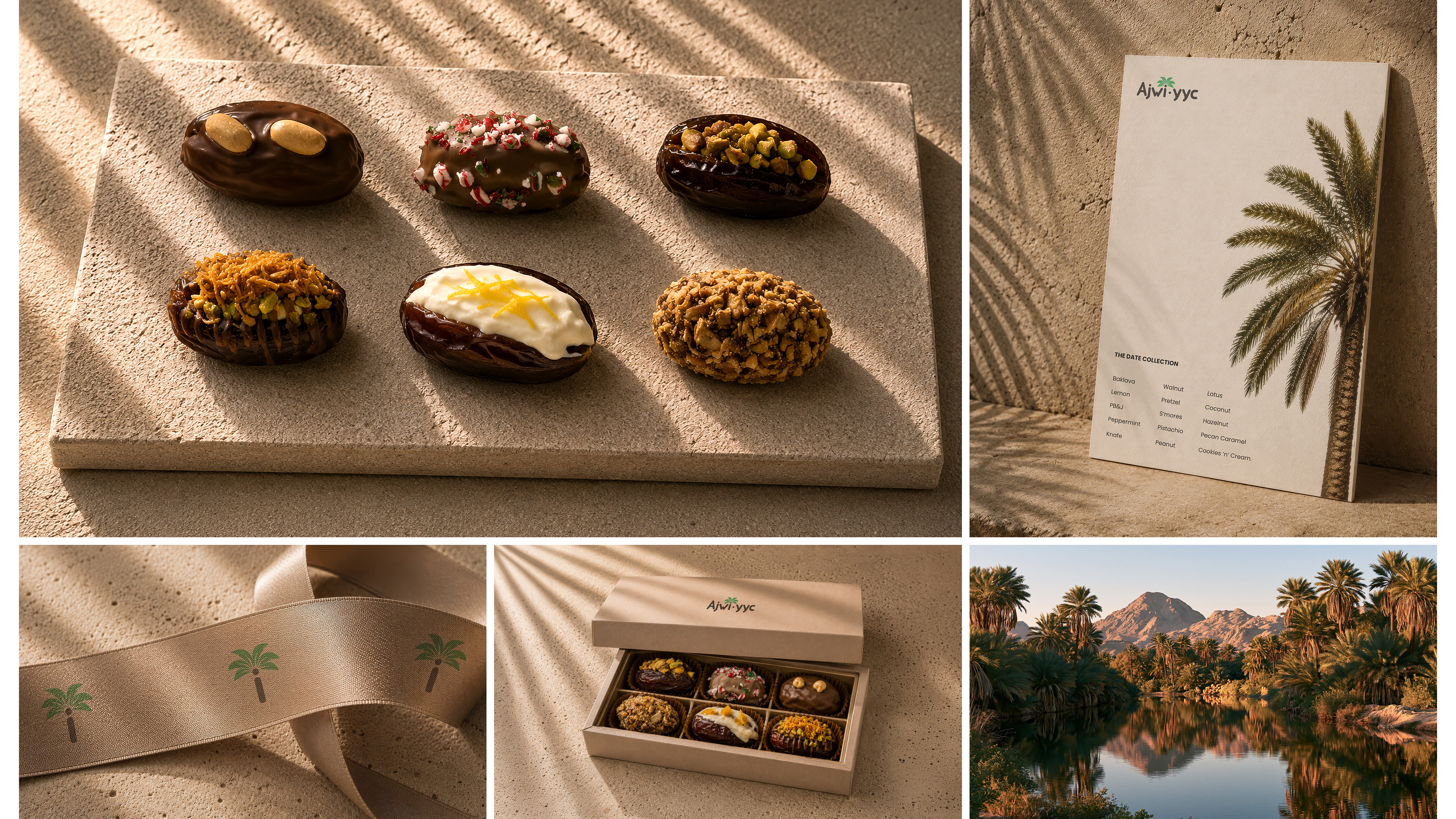 Editorial images with decorated dates on stone, palm-themed ribbon, date palm poster, and palm trees by water.