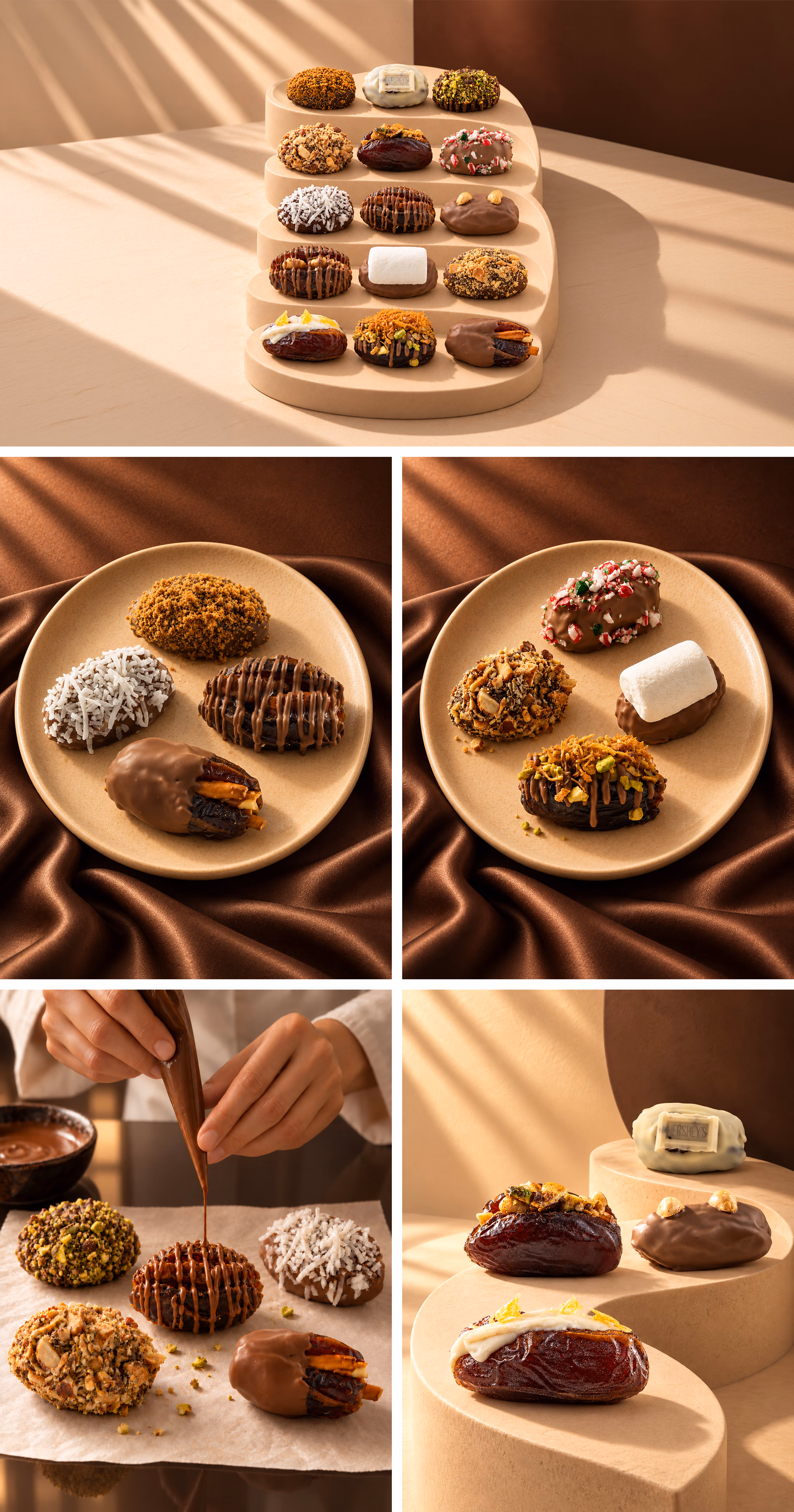Editorial images with decorated dates on stone, palm-themed ribbon, date palm poster, and palm trees by water.