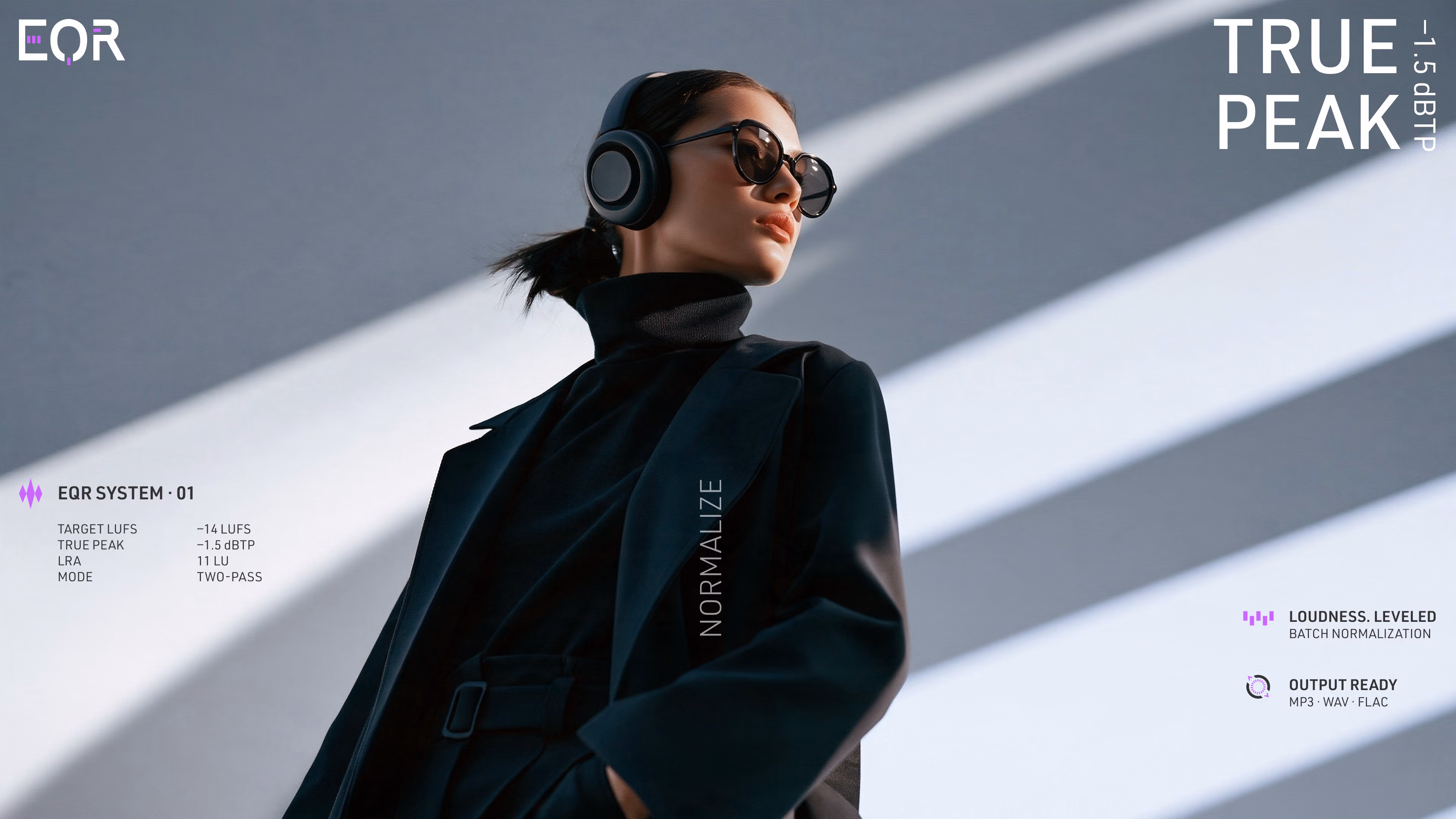 Stylish woman wearing large black headphones and sunglasses, dressed in a black turtleneck and coat, with text overlays about audio settings including EQR system, target LUFS, true peak, and output formats.