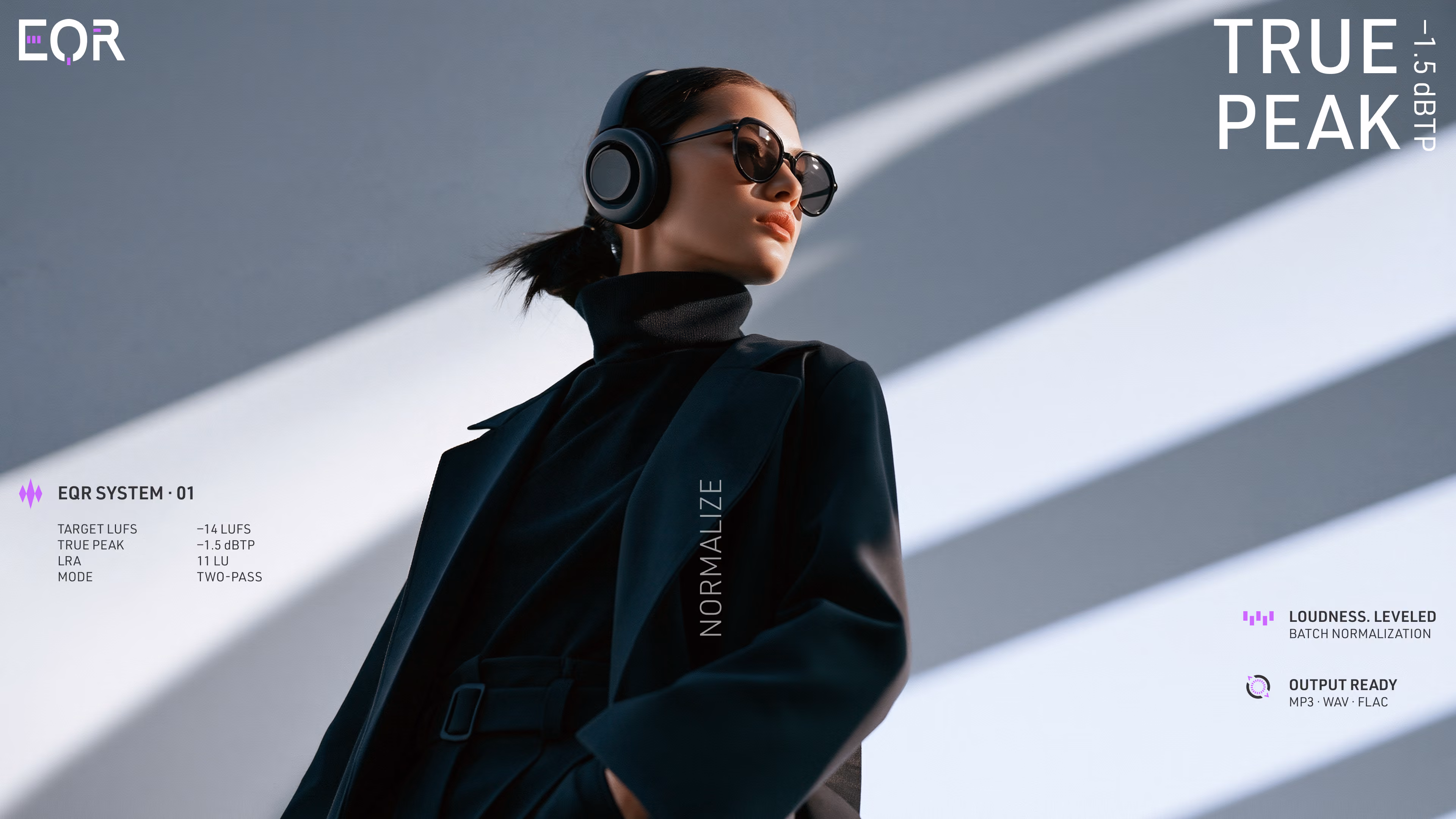 Stylish woman wearing large black headphones and sunglasses, dressed in a black turtleneck and coat, with text overlays about audio settings including EQR system, target LUFS, true peak, and output formats.