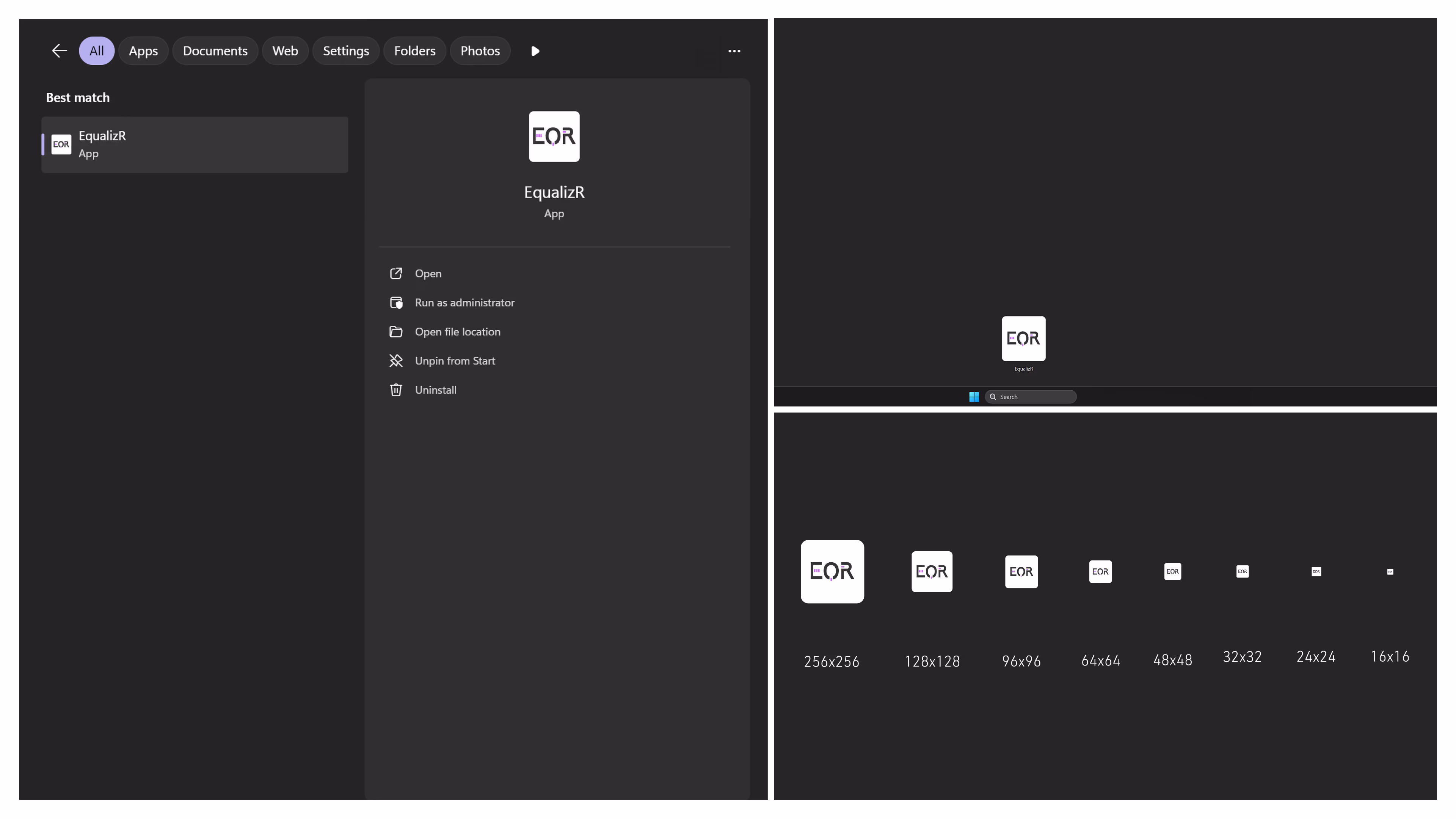 Screenshot showing the EqualizR app icon and name in a dark-themed system search interface with options like Open, Run as administrator, Open file location, Uninstall, and login from Start; also displays the EqualizR icon at various resolutions from 256x256 to 16x16 pixels.