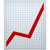 Red zigzag arrow line rising sharply on blue and white graph paper background.