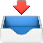 Blue and white open inbox tray with red downward arrow above it.