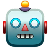 Cartoon robot face with blue eyes, red triangle nose, and a yellow light on top.