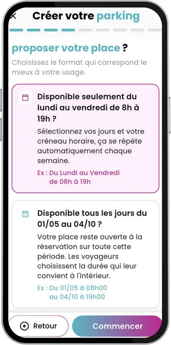 Choix entre disponibilités récurrentes et plage continue dans l'app Pep's