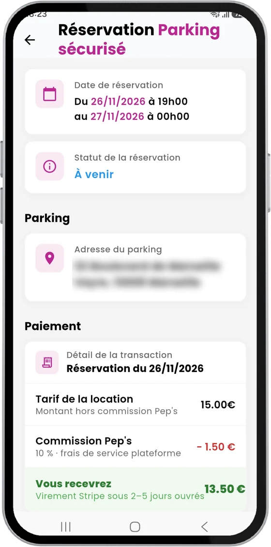 Détail d'une réservation dans l'app Pep's : 15 € de location, 10 % de commission, 13,50 € versés à l'hôte