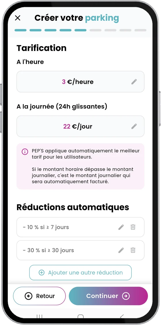 Réglage du tarif à l'heure, à la journée et des réductions automatiques dans l'app Pep's