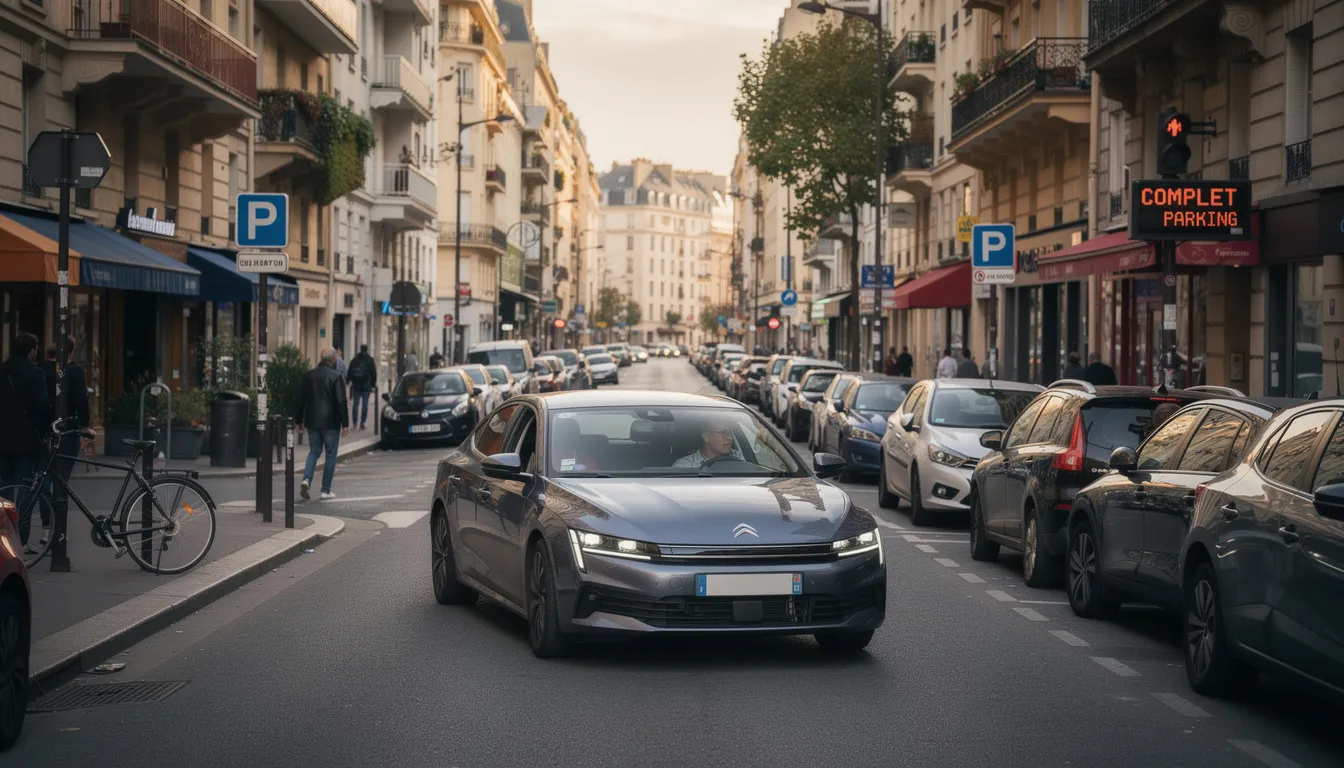 Une voiture électrique petite Clio circule dans une rue urbaine encombrée de la ville de Paris, cherchant désespérément une place de stationnement. Les automobilistes autour semblent également à la recherche d'un parking, tandis que des motos passent à proximité.