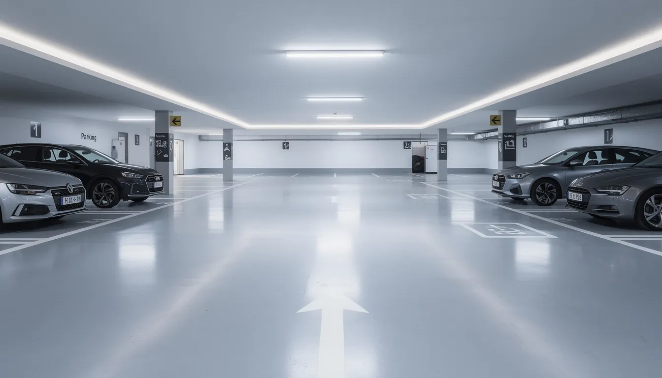 Un parking souterrain moderne à Paris avec plusieurs places de stationnement disponibles pour différents types de véhicules, y compris des voitures électriques comme la petite Clio et le modèle 3. Ce lieu offre une solution pratique pour les automobilistes cherchant à réserver leur place en zone urbaine.