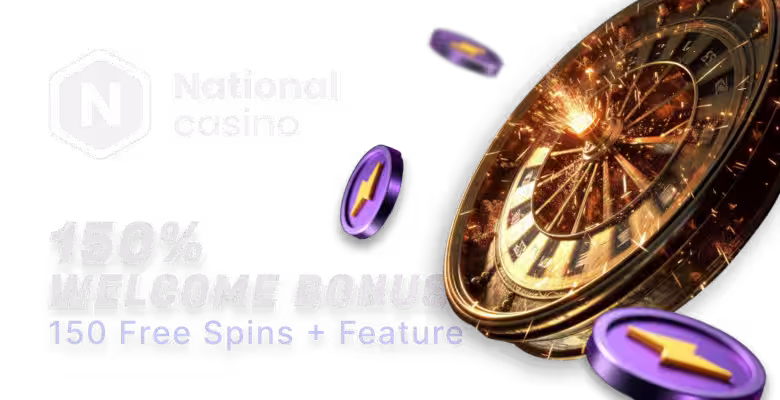 A banner featuring the national Casino roulette wheel and welcome bonus information