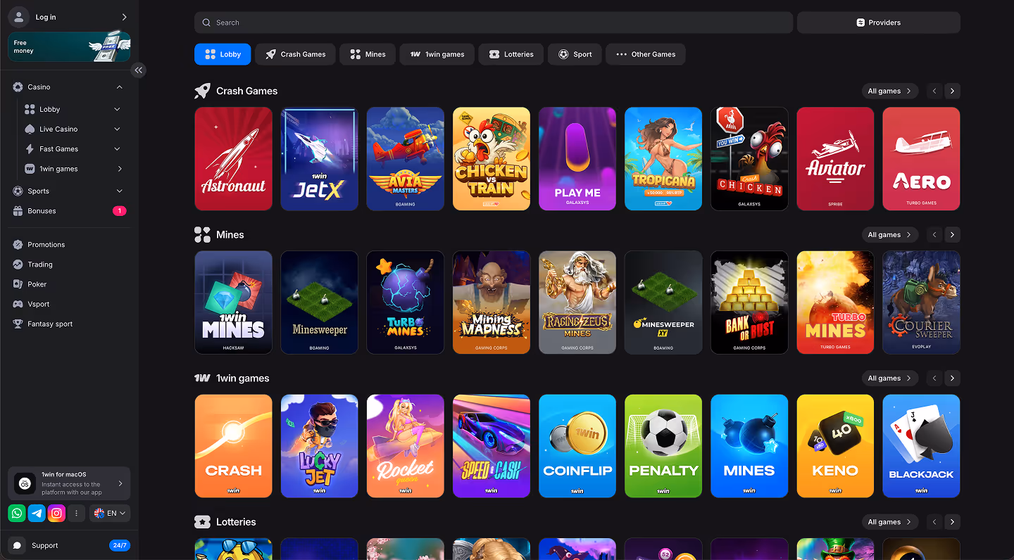 1Win Casino Instant Win Games Lobby Screenshot