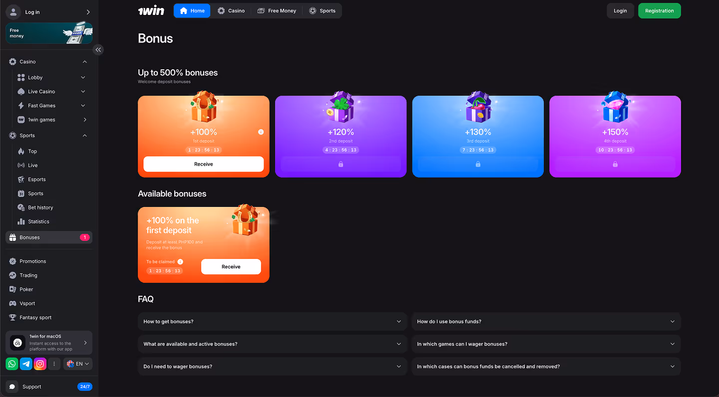 1Win Casino Bonuses Screenshot