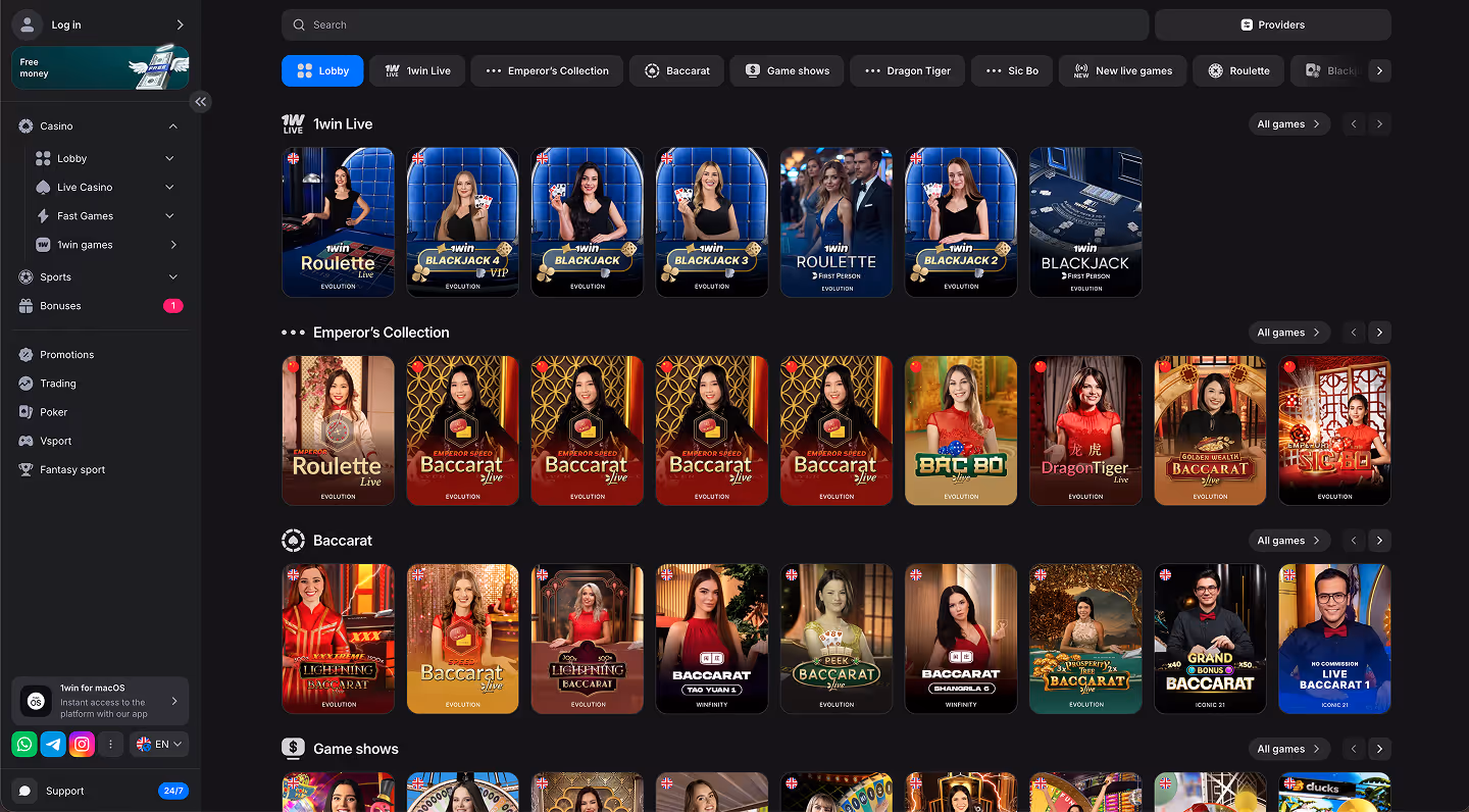 1Win Casino Live Games Lobby Screenshot