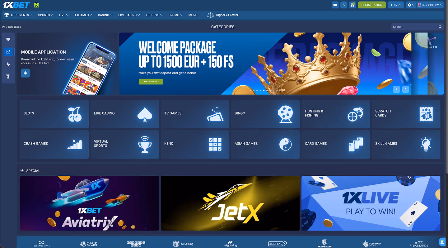 1xBet Screenshot Game Categories Page