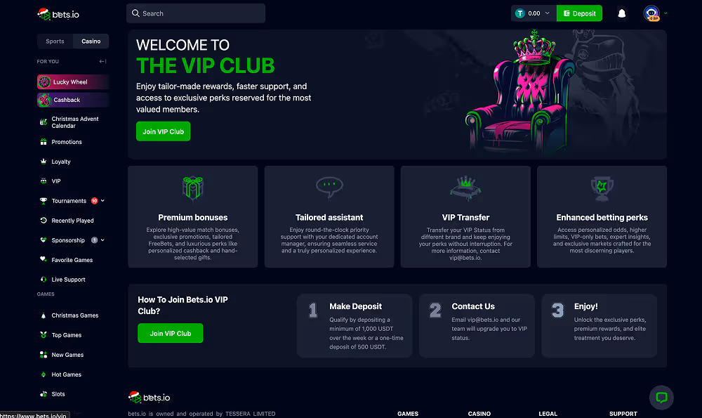 Bets.io Casino VIP Club Desktop Screenshot