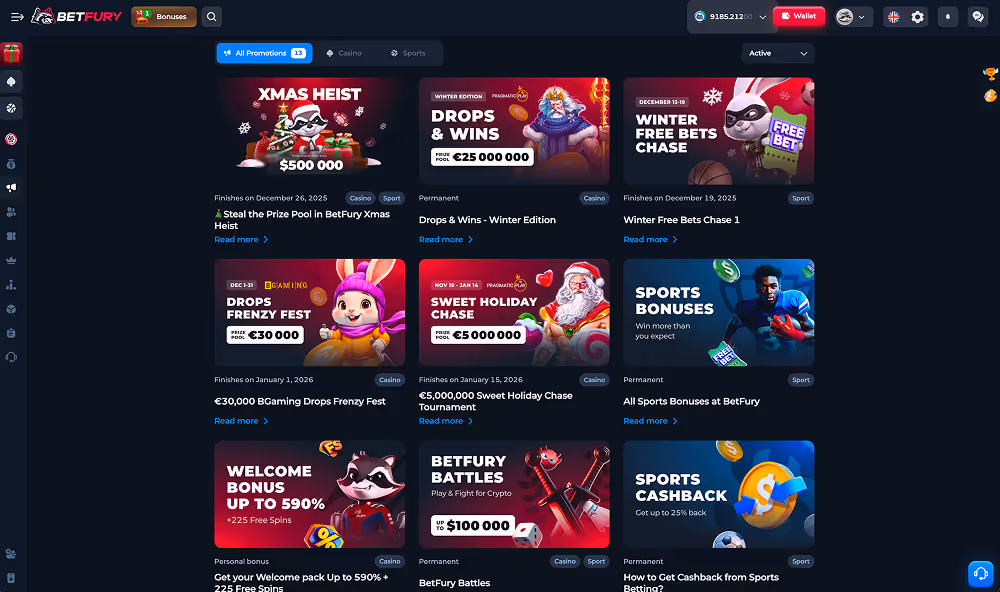 BetFury Casino Promotions Page Desktop Screenshot