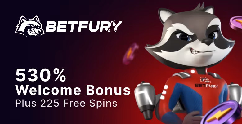 A banner featuring the betfury.io mascot and welcome bonus information