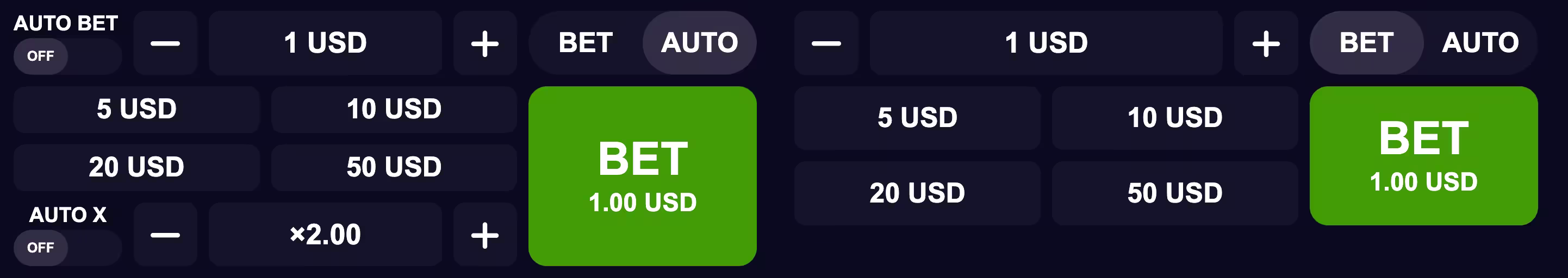 A screenshot of a crash game dual betting panel