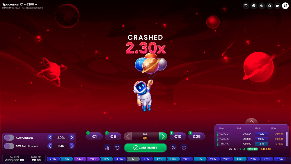 A screenshot of Spacemand from Pragmatic Play where the game has crashed and the round ended