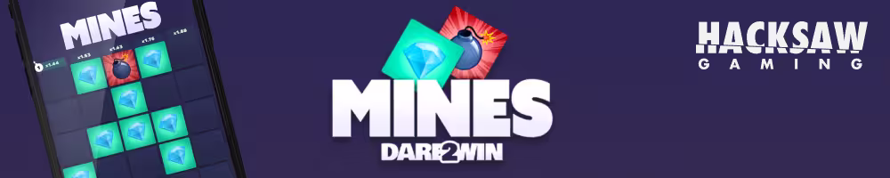 A banner featuring the logo and game icons for Mines Dare2Win by Hacksaw