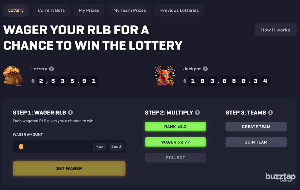 A screenshot of the RLB Lottery page on Rollbit casino as seen at rollbit.com