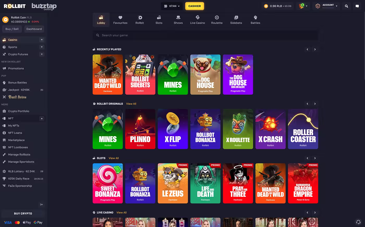 A screenshot of the Casino games page on crypto casino Rollbit