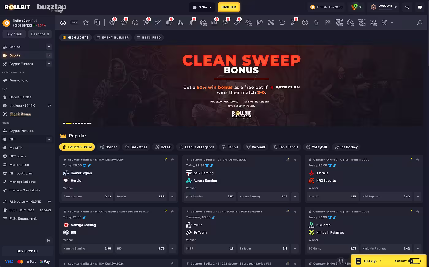 A screenshot of the Sports Book page on crypto casino Rollbit
