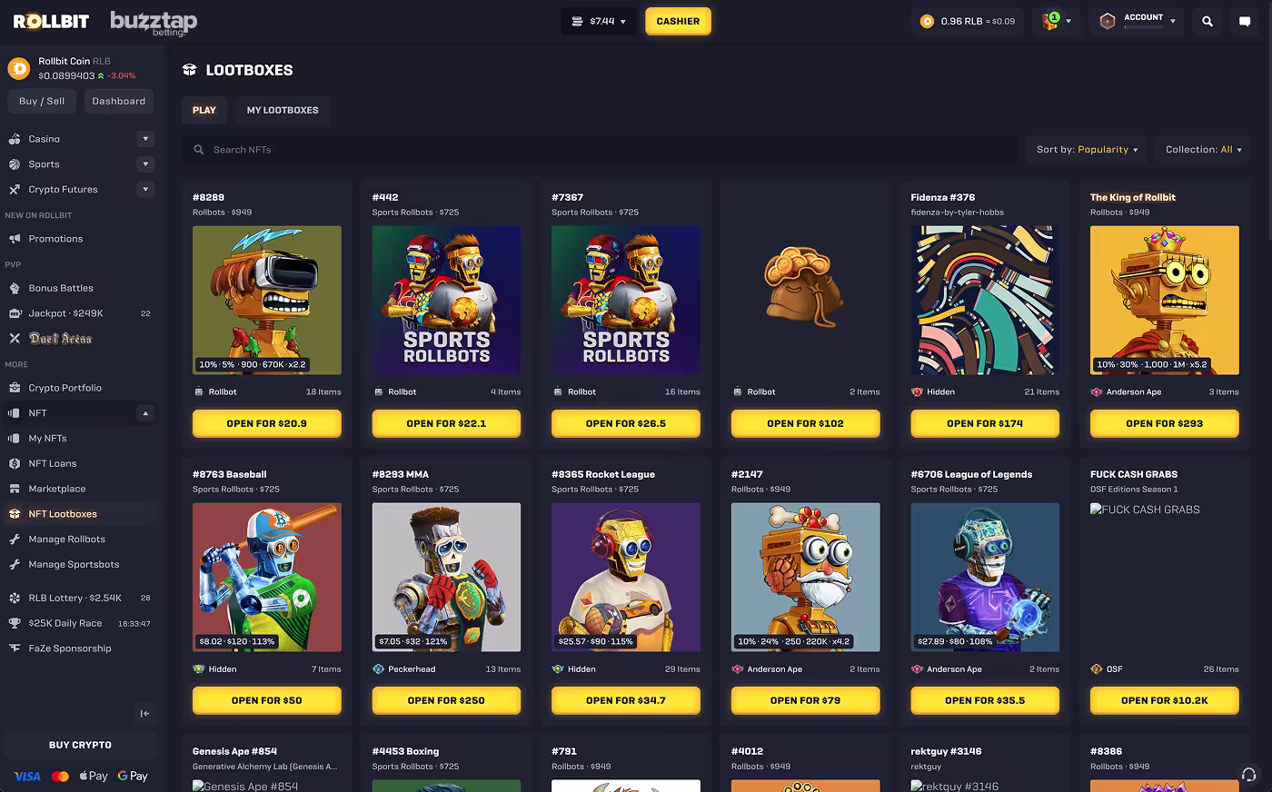 A screenshot of the NFT Lootboxes page on crypto casino Rollbit