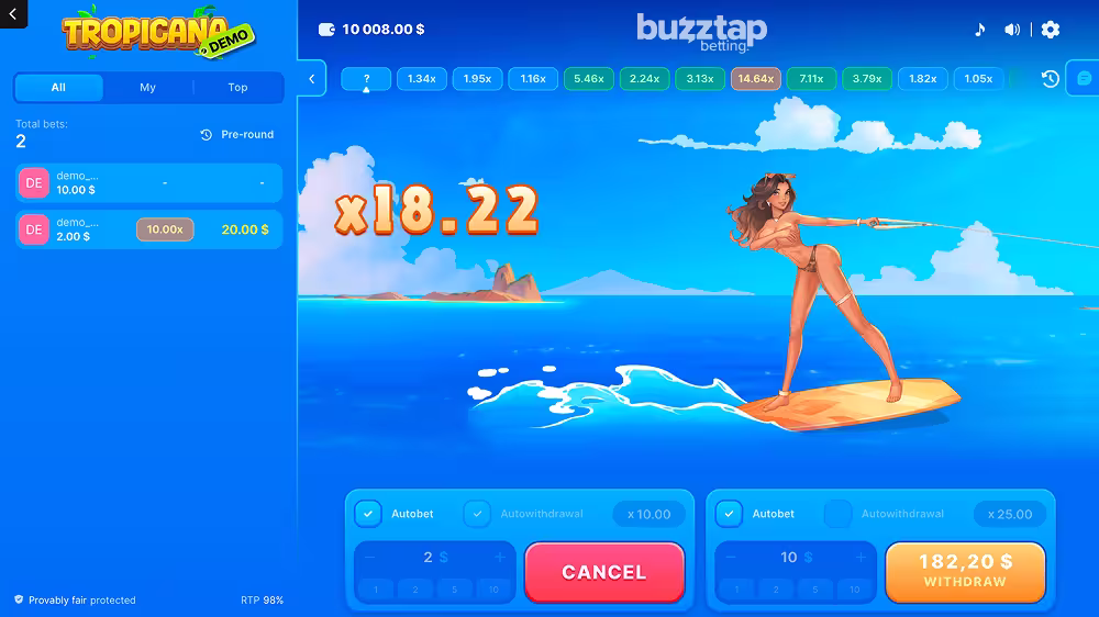 Casino crash game Tropicana by 100HP Gaming gameplay screenshot