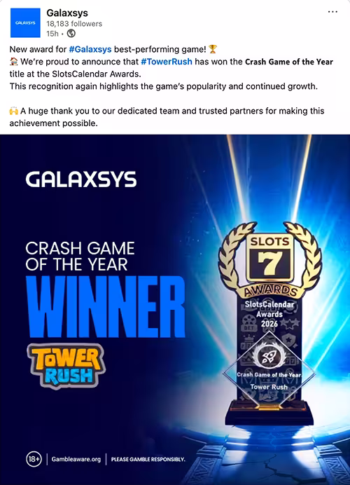 Crash game of the year announcement by Galaxsys on Linkedin