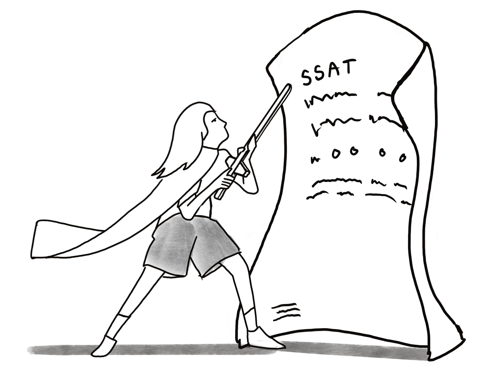 Illustration of kid sword fighting the SAT test