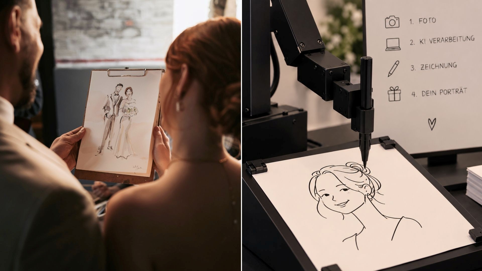 Links: Foto: Svetlana Kohlmeier, Live Illustration: Inha Barsukova Rechts: Generiert mit KI, Darstellung eines Zeichenroboters