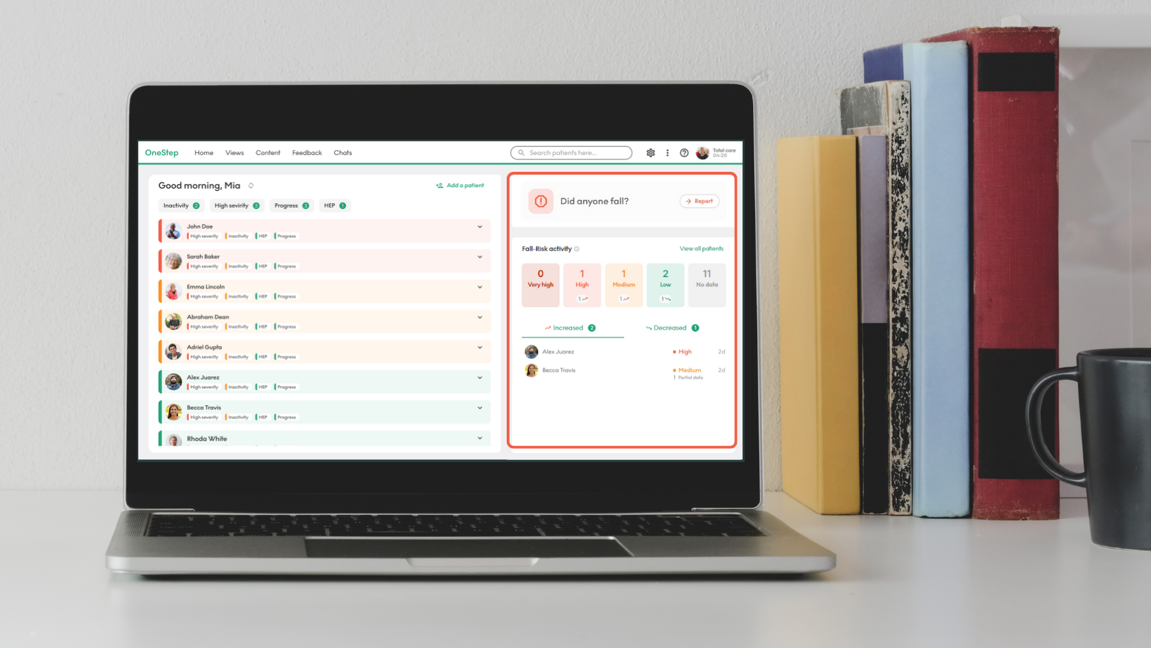 OneStep's Fall Risk Assessment can be done from anywhere, and offers a comprehensive evaluation using a proprietary calculation that incorporates ongoing patient gait and mobility data, self-reported questionnaires, and patient history.