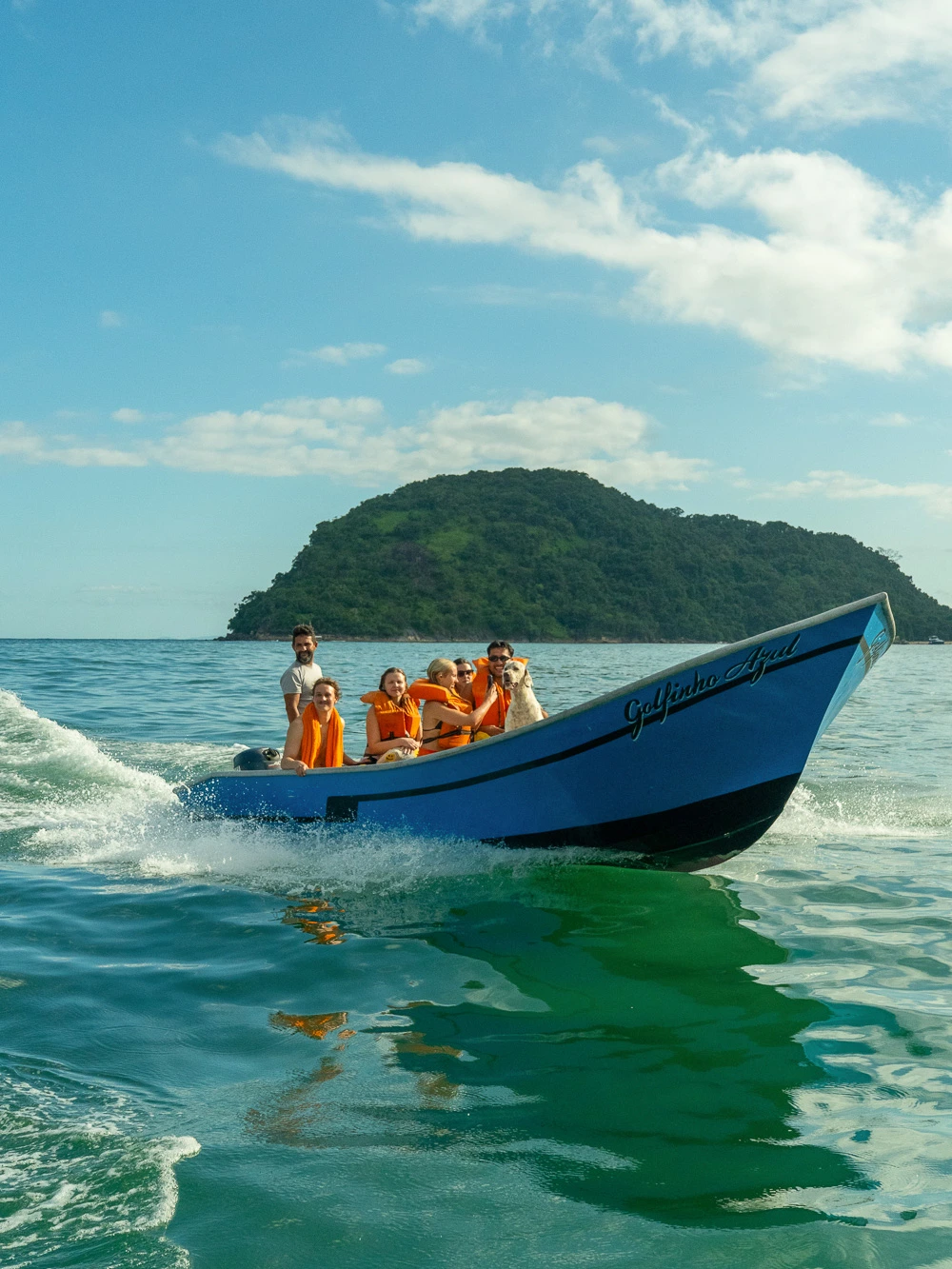 Group in life vests riding the Golfinho Azul boat past a jungle island