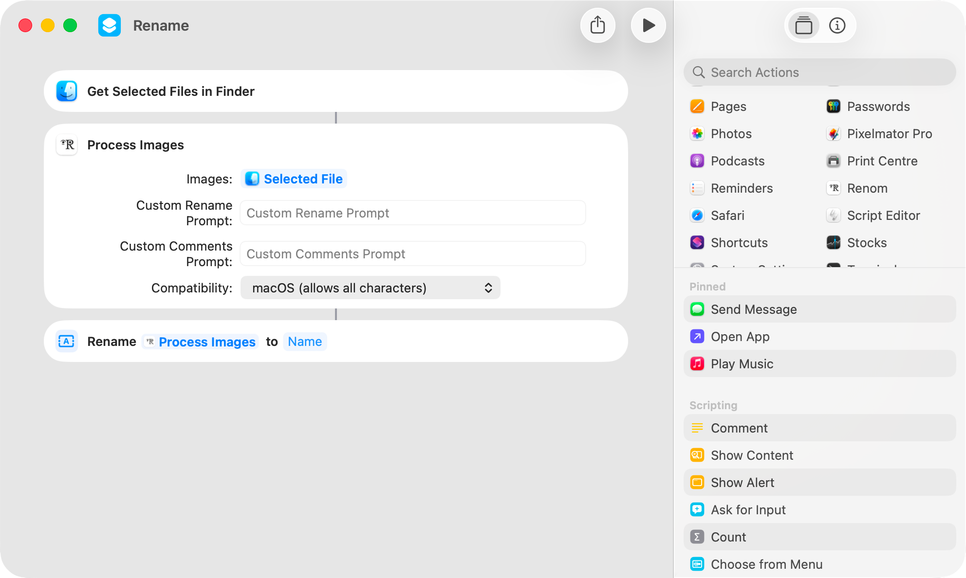 A screenshot of Renom.ai being used in Apple Shortcuts for Mac