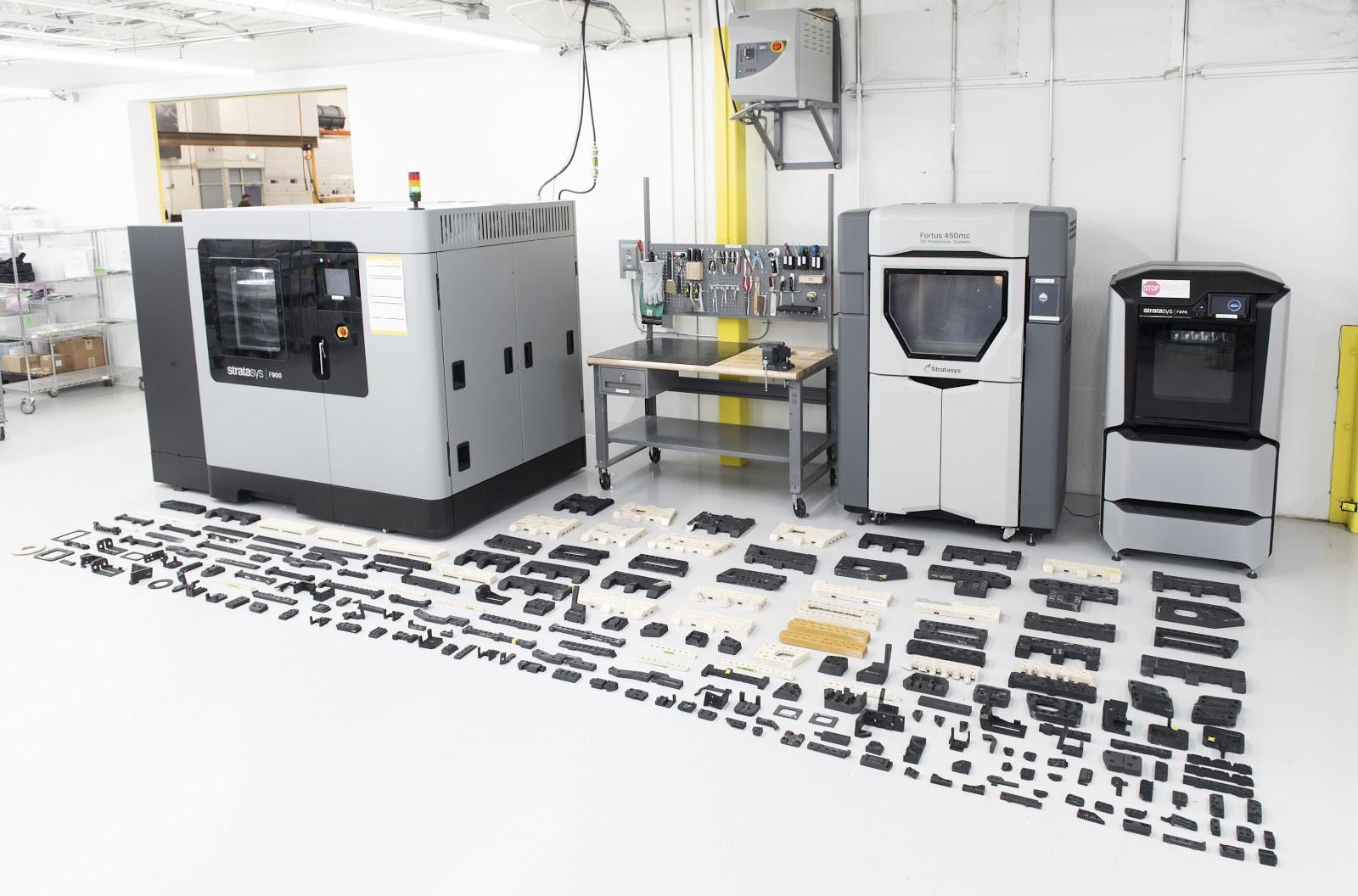 Multiple 3D printed parts printed with Stratasys F900, F450mc, and F370