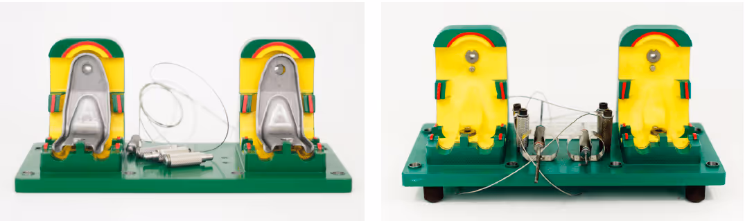 Early iteration of the check fixture (left), hybrid check fixture (right).