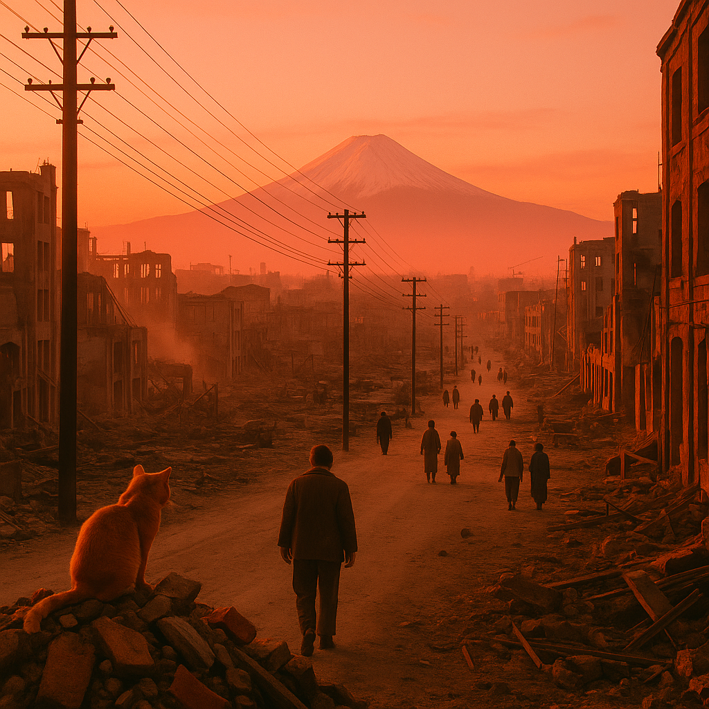 Illustration du Tokyo d'après-guerre en 1946, à la naissance de Rikizo. En reconstruction après les bombardements nucléaires.