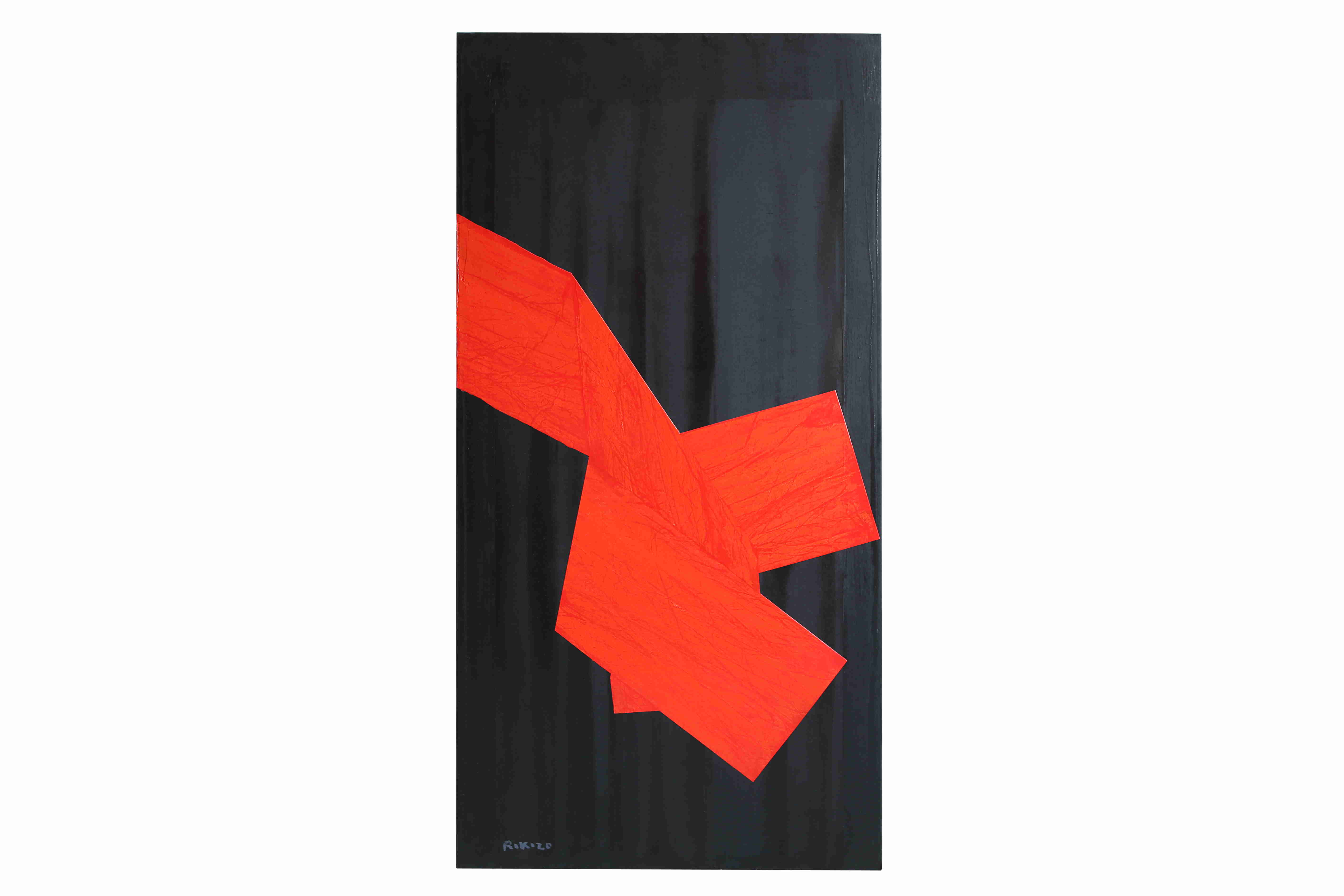 Peinture à l'huile originale de Rikizo en rouge et noir, 2014, art abstrait moderne et contemporain, format vertical tatami 180 x 90 cm.