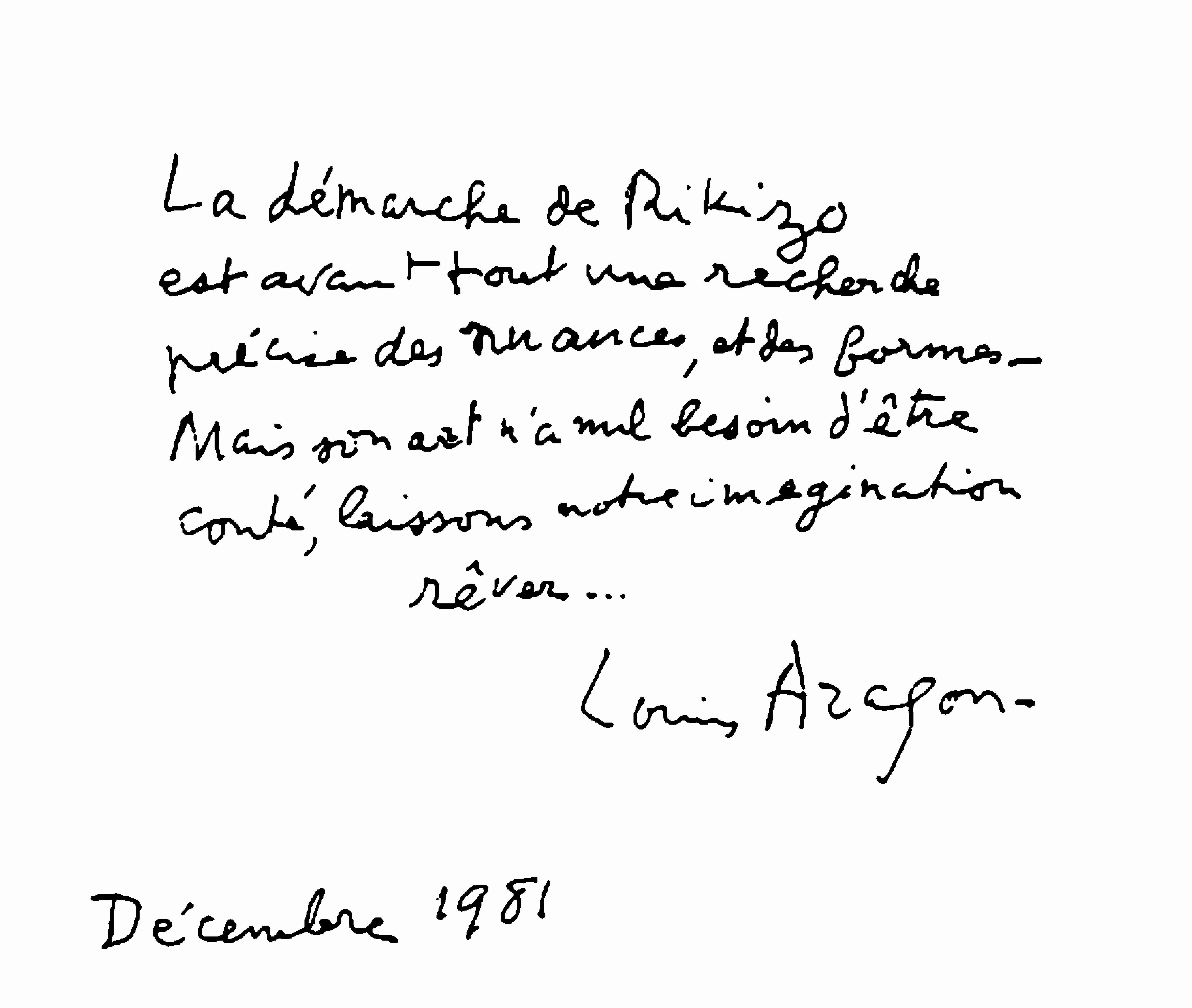 Critique manuscrite authentifiée de Louis Aragon, écrit en 1981, rend hommage à l'art transcendantal de Rikizo.