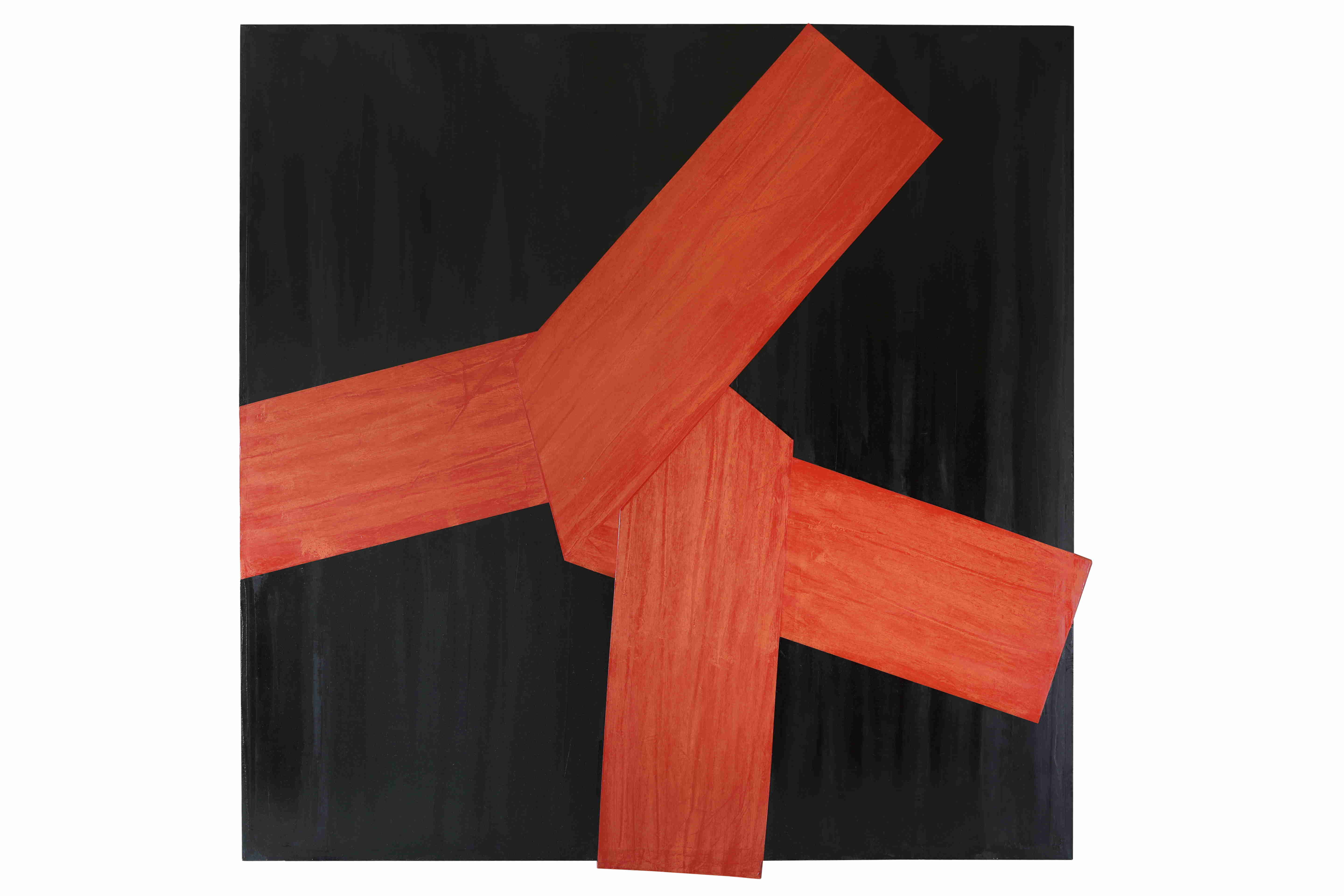 Peinture à l'huile originale de Rikizo en rouge et noir, 1992, art abstrait moderne et contemporain, format carré 180 x 180 cm.