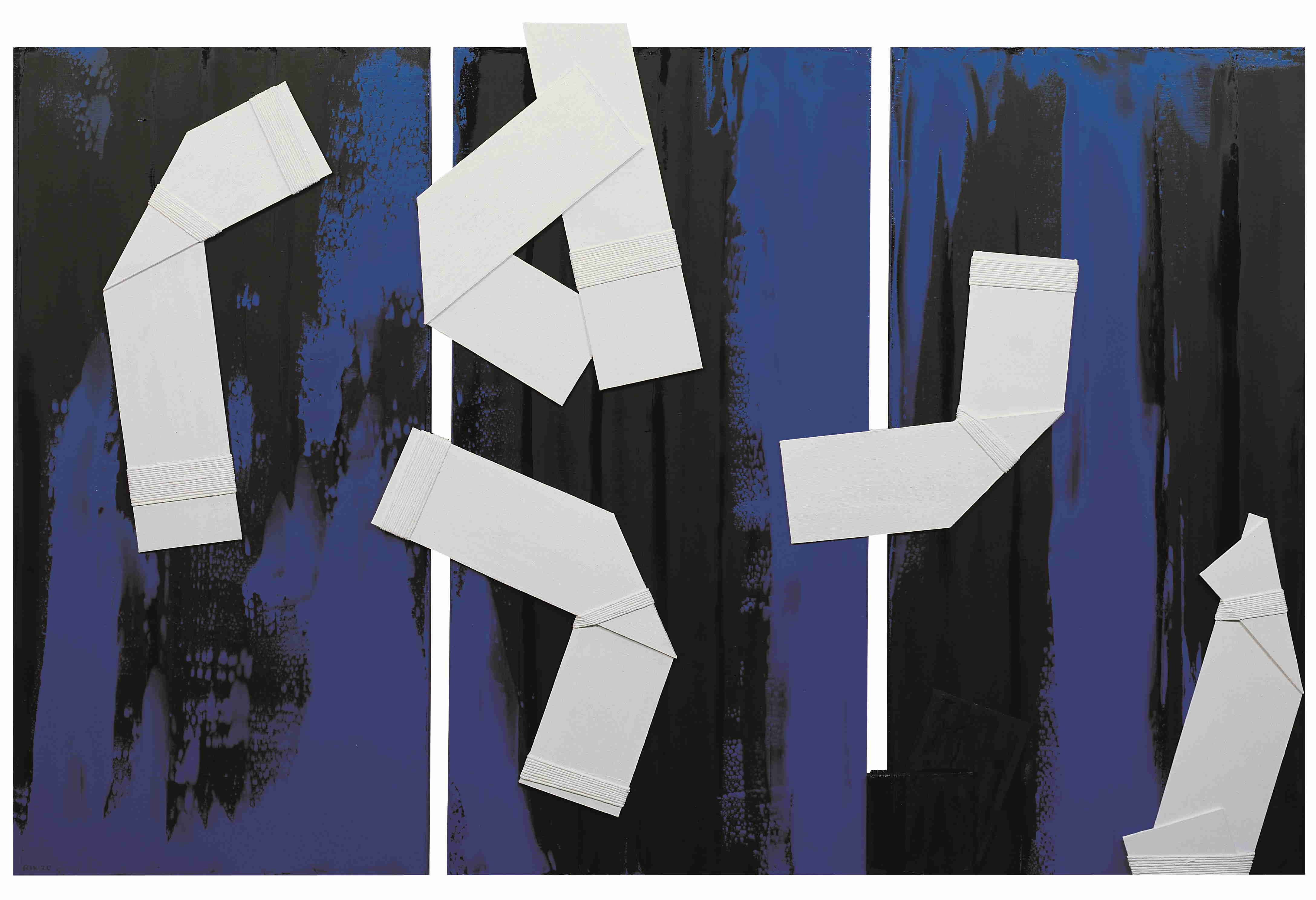 Rikizo, triptyque peinture à l'huile bleu, noir et blanc, cordes et bois, 1997, format vertical 3 x 176 × 88 cm.