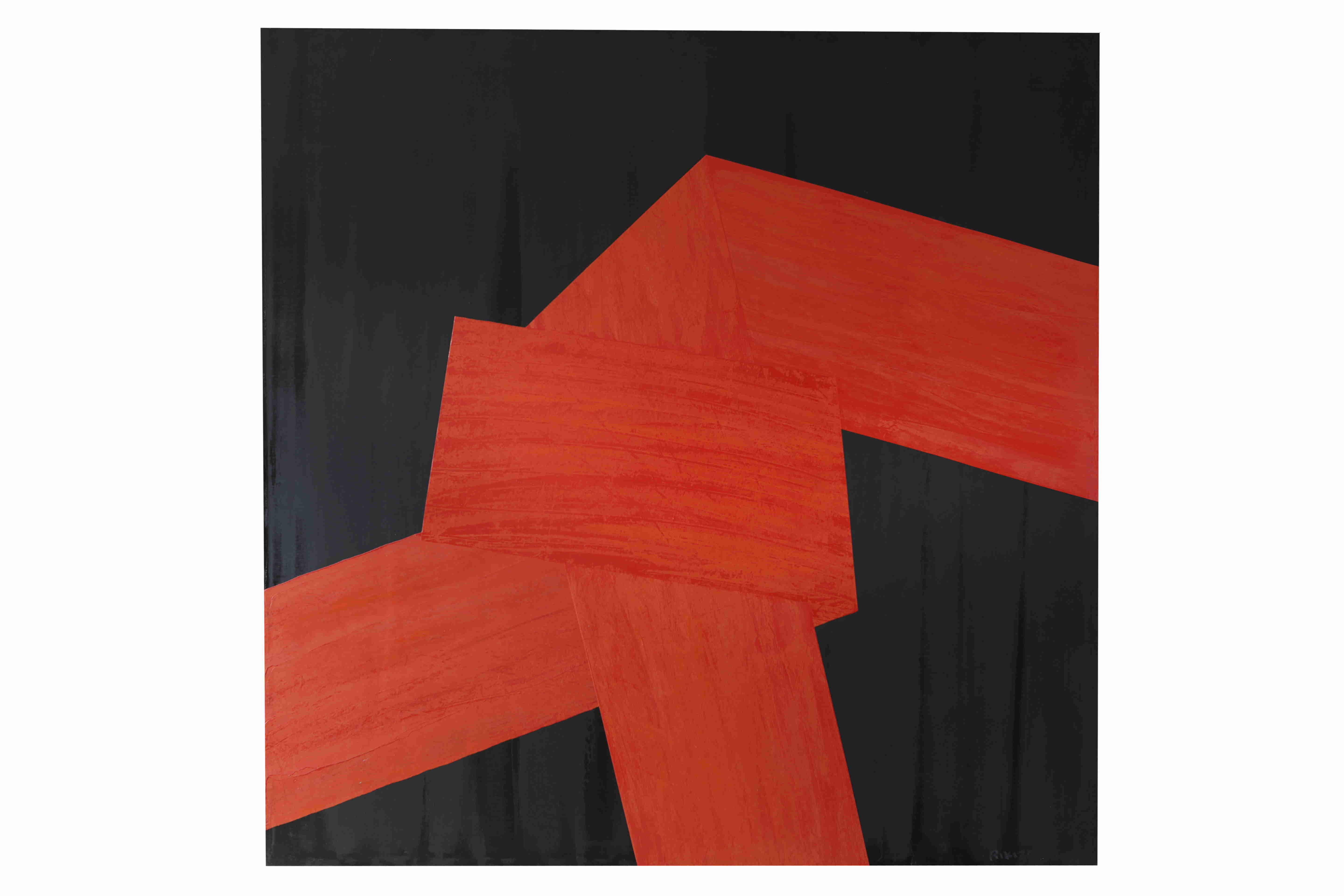 Peinture à l'huile originale de Rikizo en rouge et noir, 2004, art abstrait moderne et contemporain, format carré 180 x 180 cm.