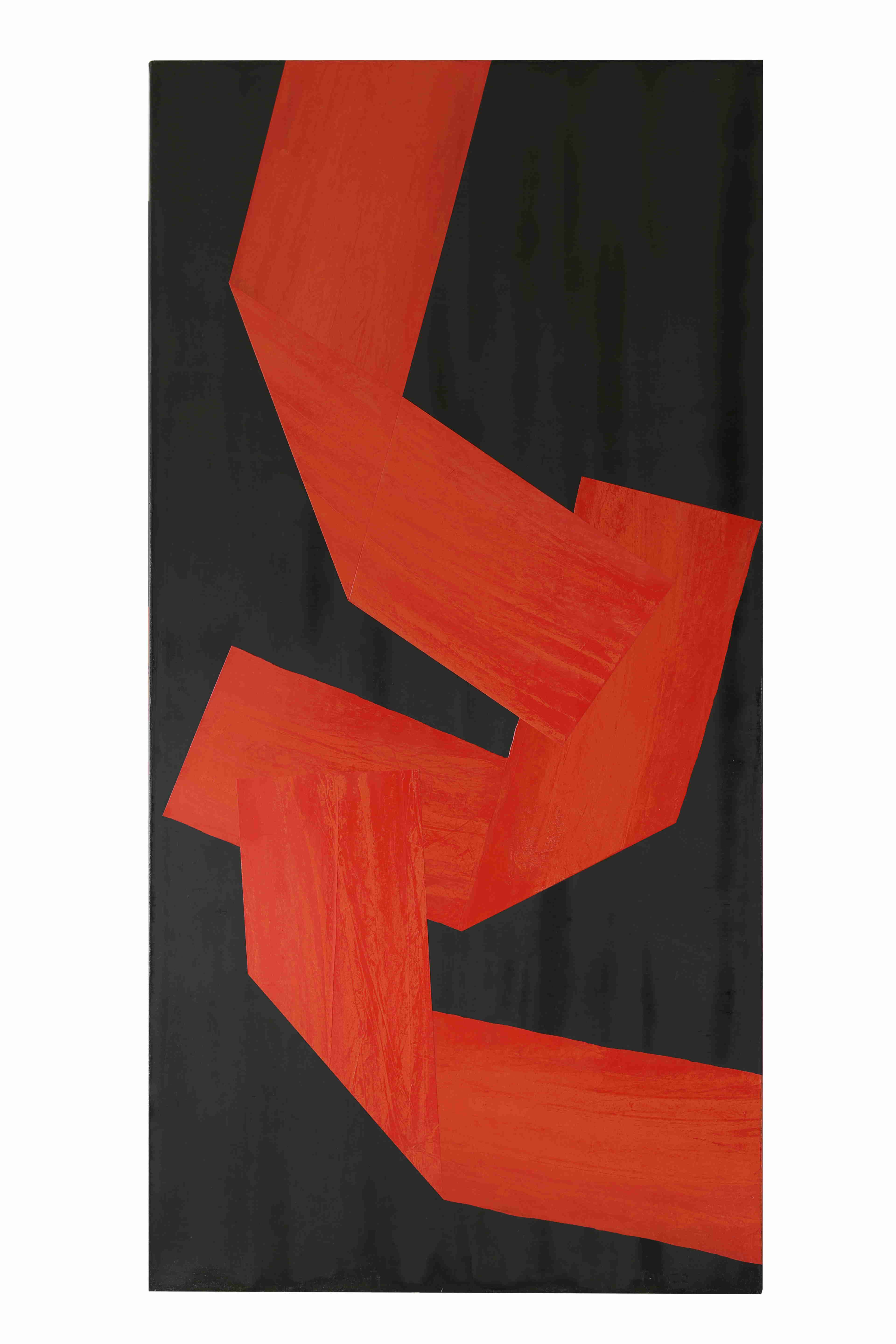 Peinture à l'huile originale de Rikizo en rouge et noir, 2006, art abstrait moderne et contemporain, format vertical tatami 180 x 90 cm.