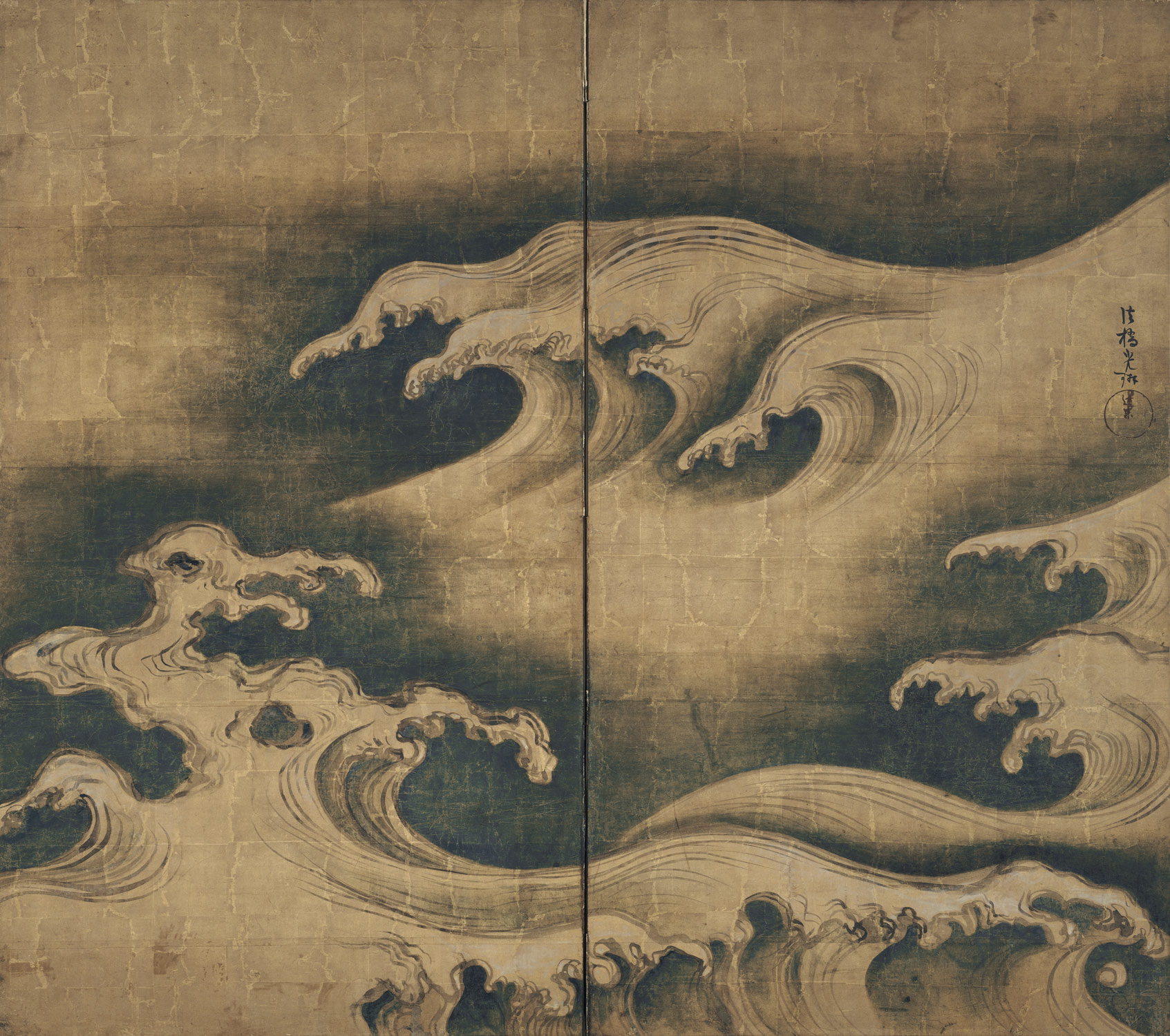 Peinture japonaise de Ogata Korin de l'école Rinpa, rapprochée du style de Rikizo selon le British Museum.