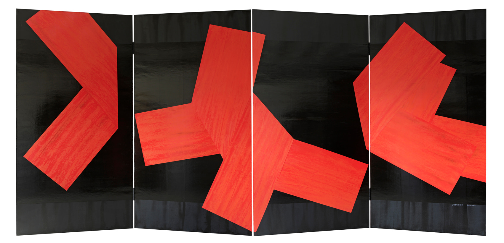 Paravent traditionnel japonais, byobu par Rikizo en art abstrait contemporain rouge et noir, 2011.